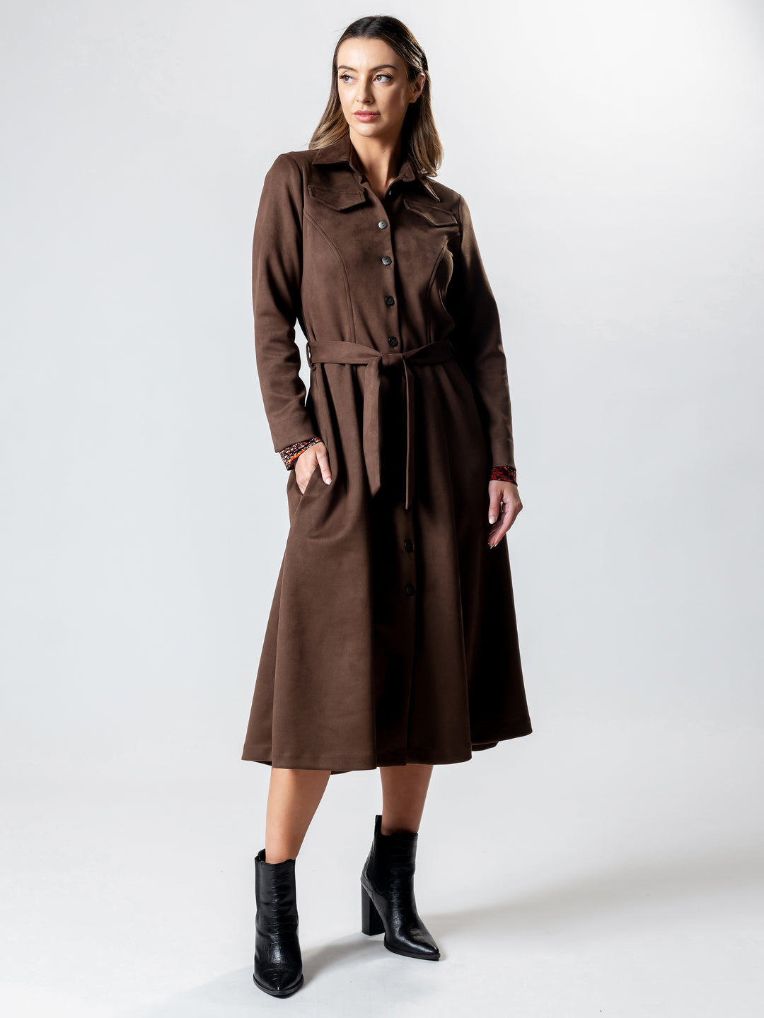 Lisa Barron | OXFORD Long-Line Suedette Coat Dress | Australian Made Lisa Barron | OXFORD Long-Line Suedette Coat Dress | Australian Made