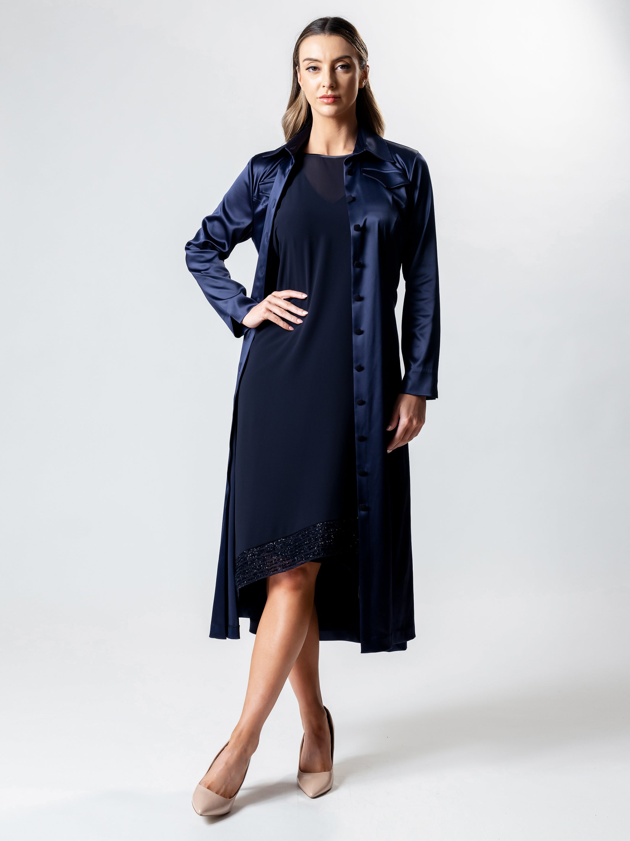 VANITY Long Line Satin Coat Dress