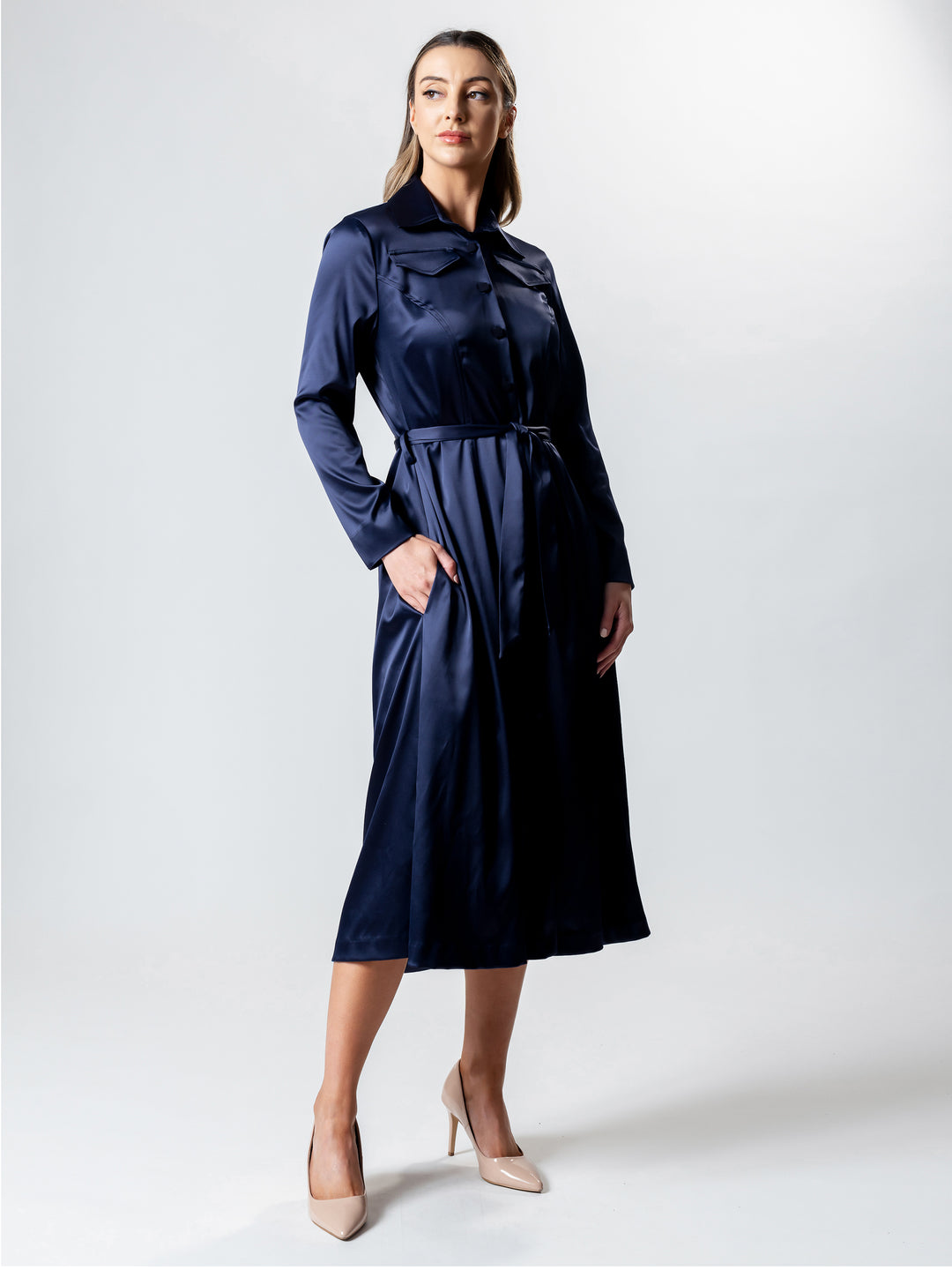 VANITY Long-Line Satin Coat Dress